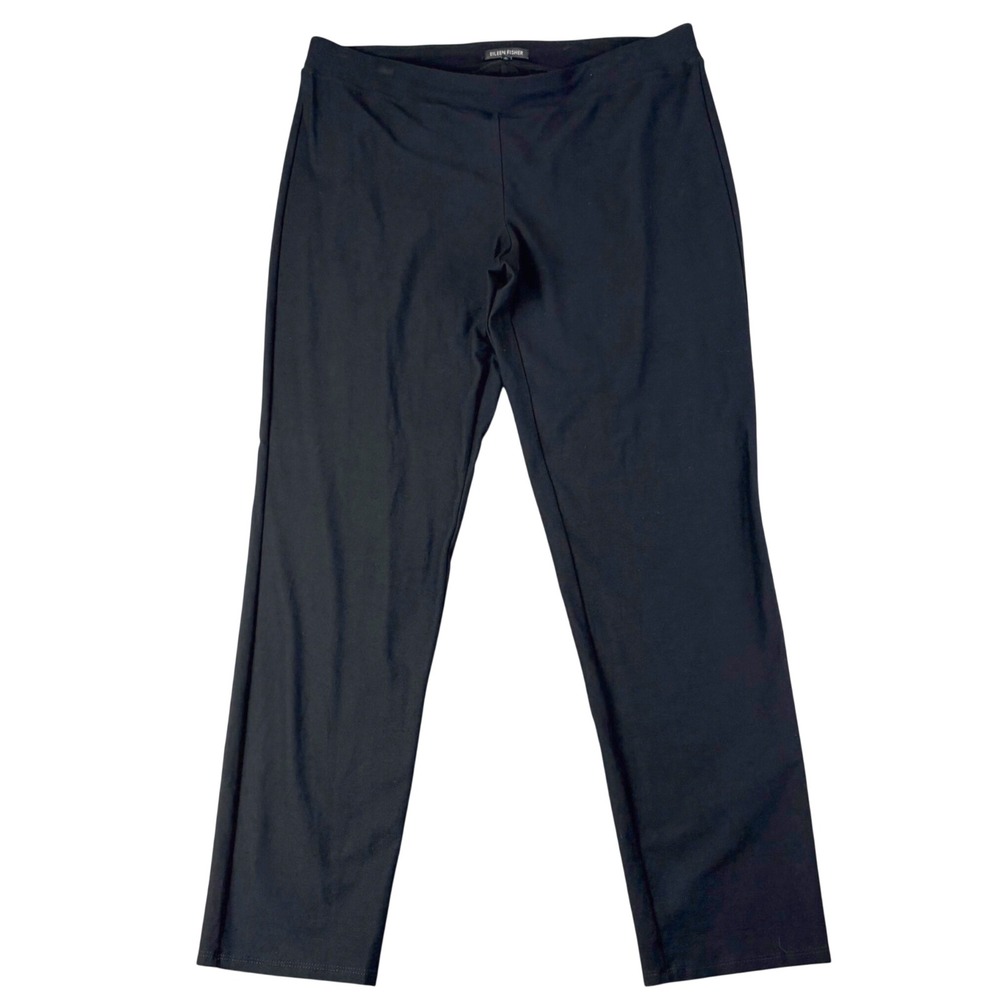 Eileen Fisher L Black Straight Leg Pull On Pants Viscose Stretch Minimalist Work